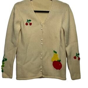 Cottagecore 3/4 Sleeve Cardigan Sweater Cream with Raised Fruit Images